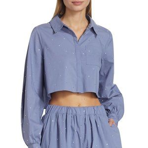 $325 CINQ À SEPT  Selina Rhinestone Cropped Button-front Top In Soft Peri